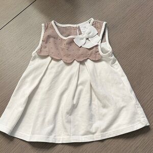 Sleeveless White Dress with Blush Scallop Yoke and Bow